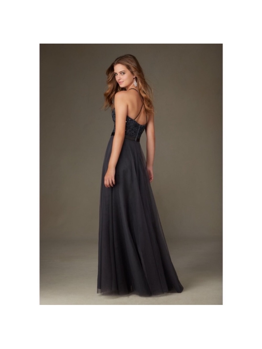 Mori Lee Charcoal Black Beaded Backless Evening Dress